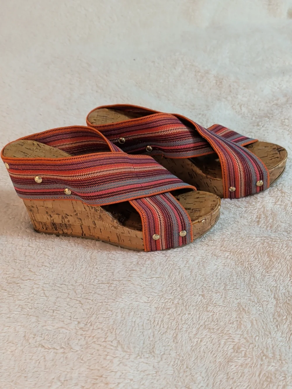 Montego Bay Club Tally Striped Elastic Wedge Cork Sandals - Size 6.5